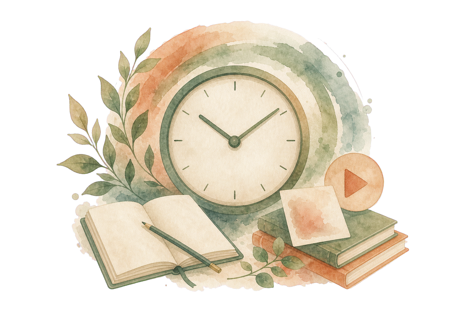 Relógio, livros e materiais de estudo em aquarela
