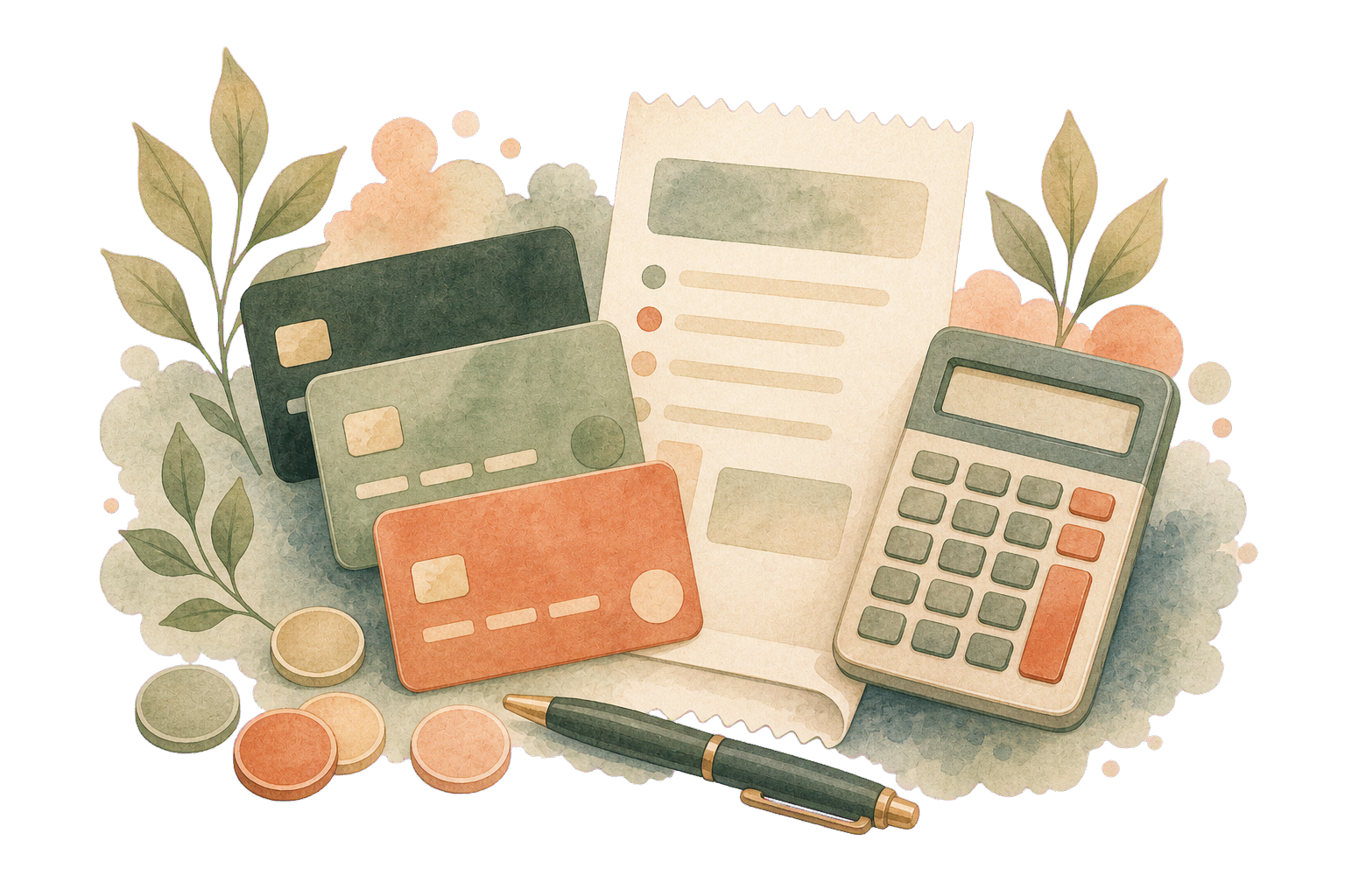 Cartões, calculadora e materiais em aquarela
