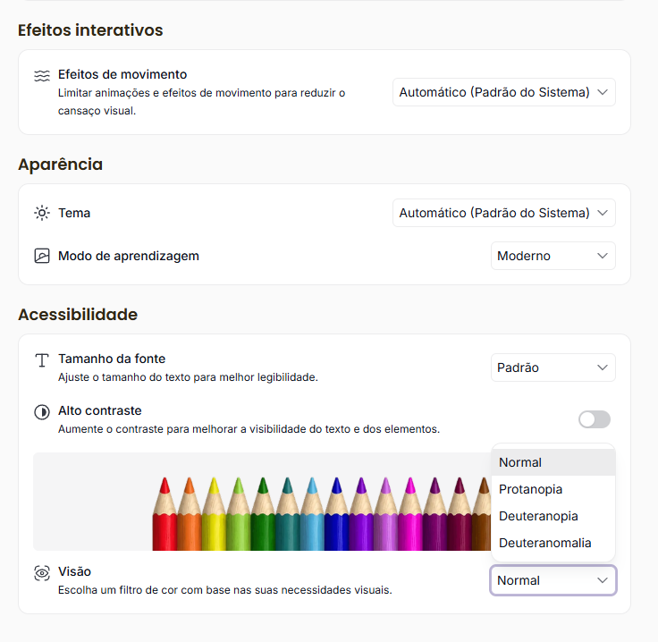 Painel de acessibilidade com opções de aparência, contraste e tamanho de fonte