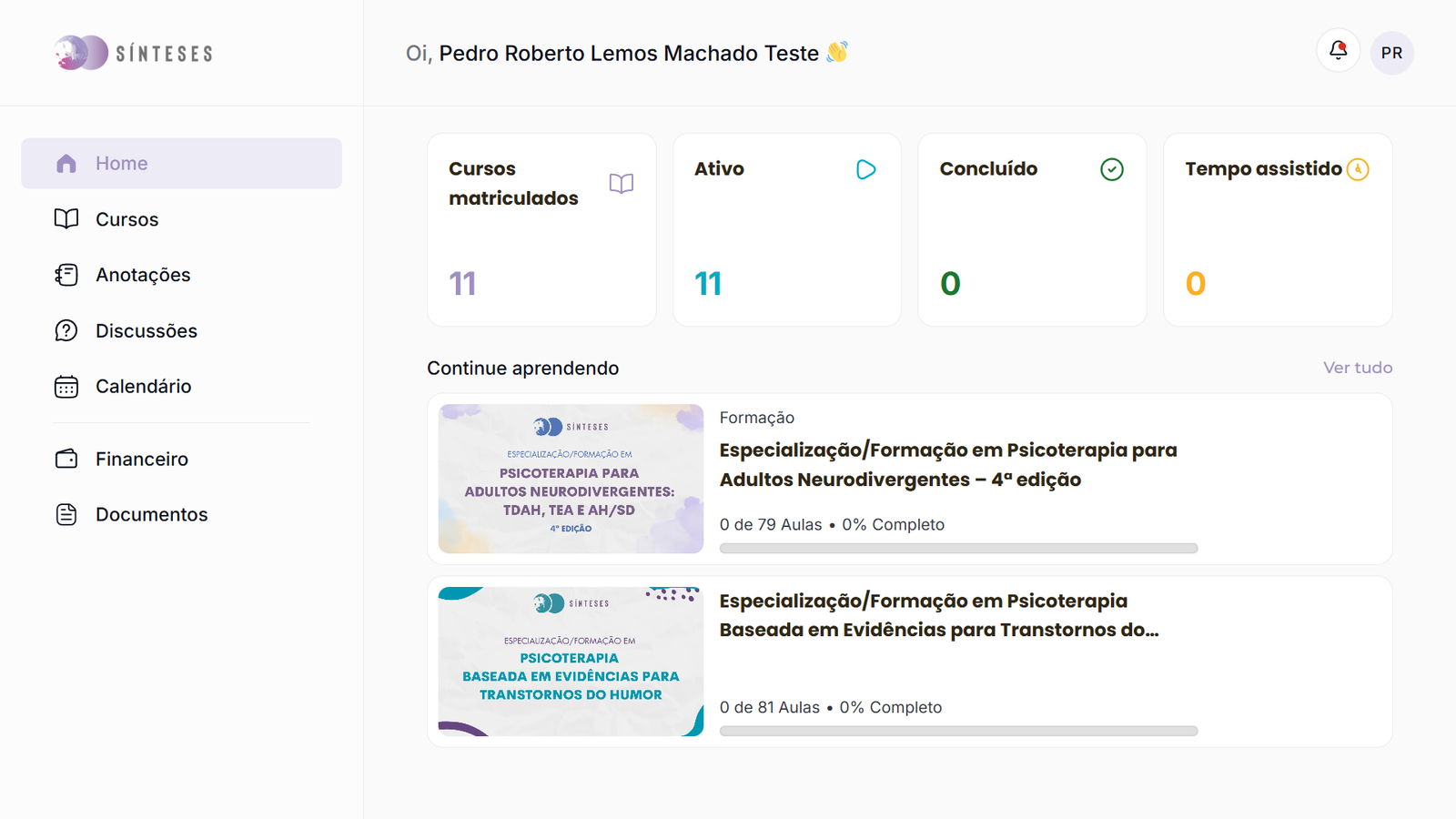 Visão geral da nova área do aluno da Sínteses no computador