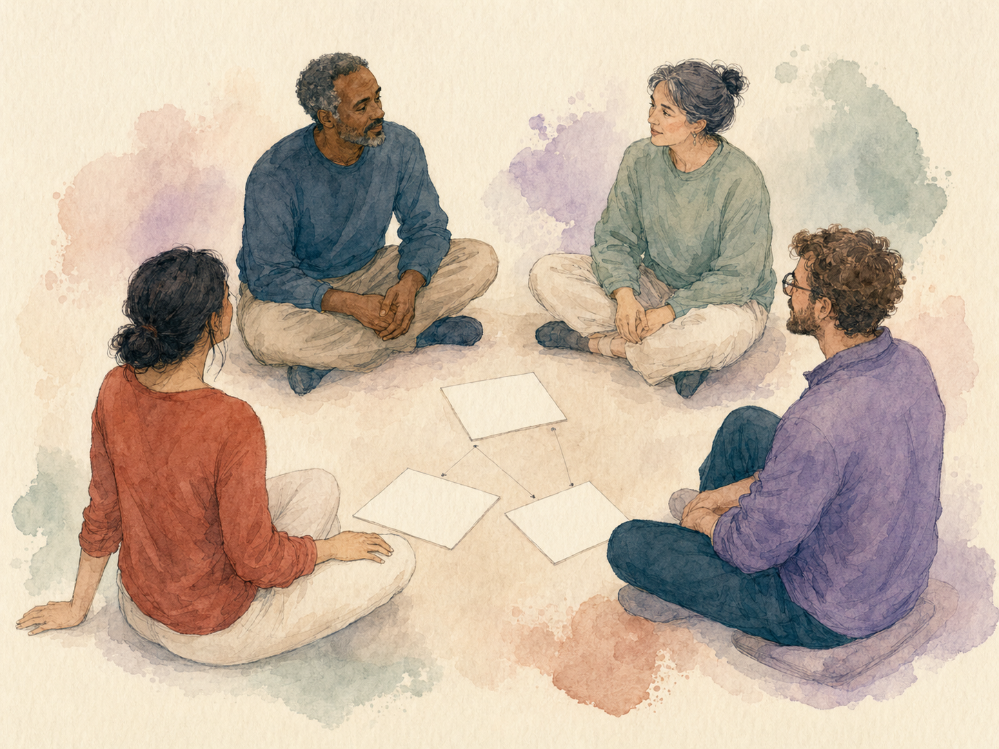 Ilustração em aquarela de profissionais sentados em grupo compartilhando ideias e materiais