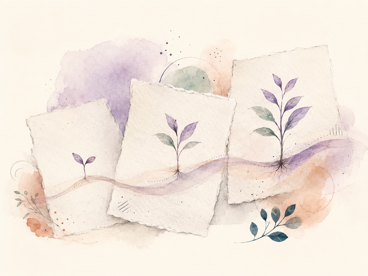 Ilustração em aquarela de quadros, flores e pinturas que representam um percurso de aprendizagem