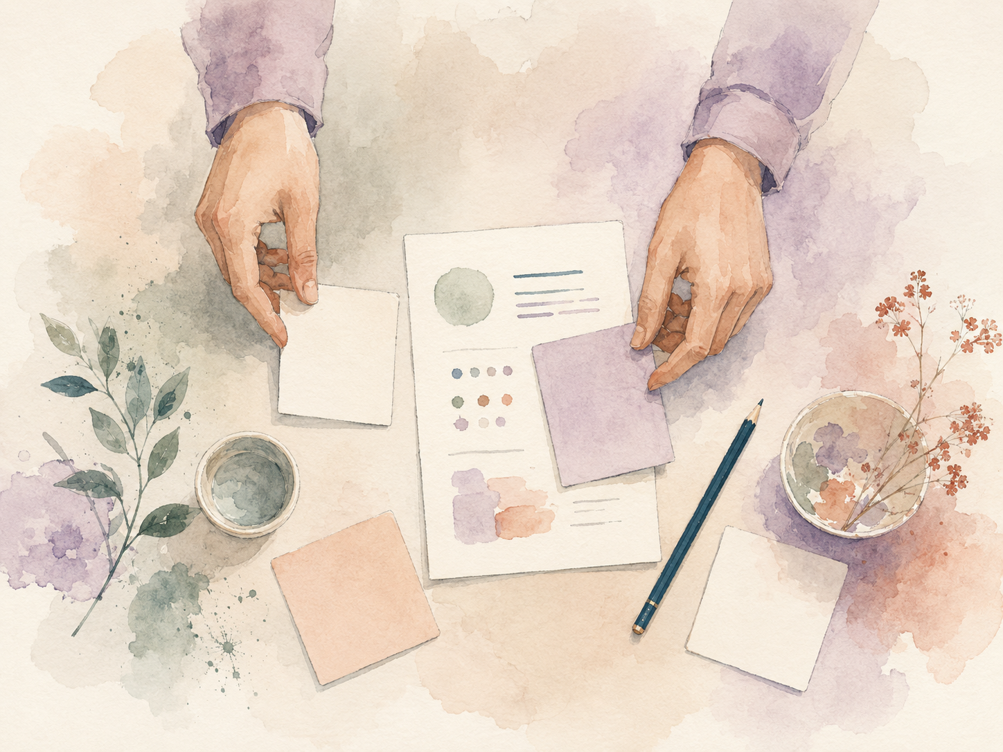Ilustração em aquarela de mãos organizando materiais de estudo sobre uma mesa
