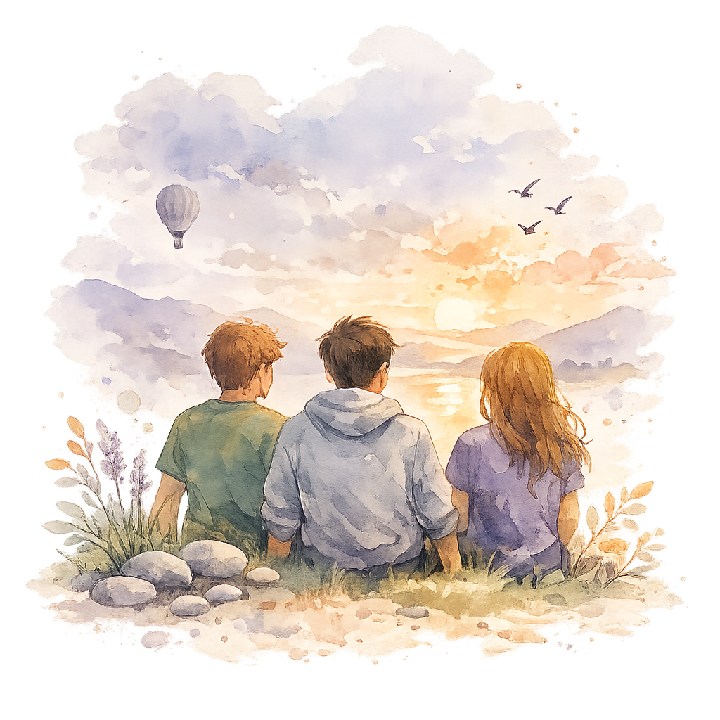 Três adultos observando o horizonte em uma ilustração em aquarela para o Grupo Terapêutico para Adultos Autistas