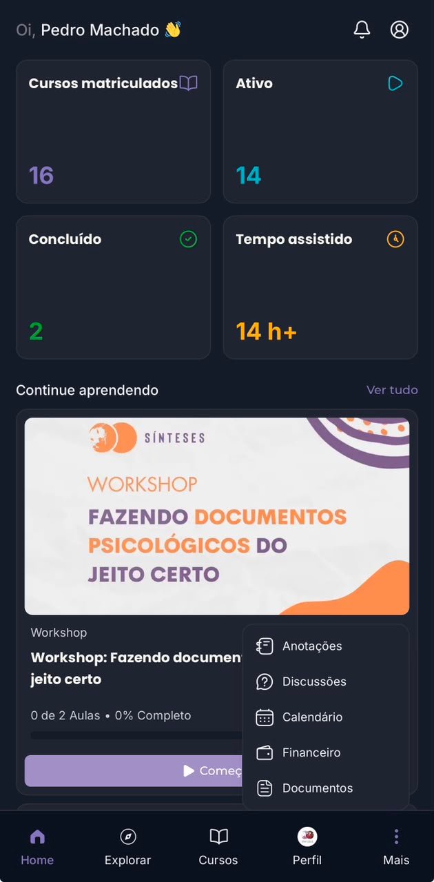 Nova área do aluno da Sínteses no celular