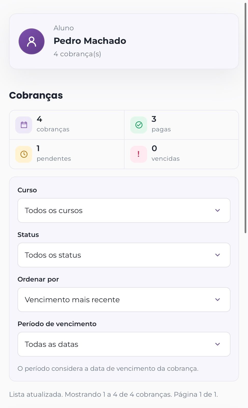 Resumo de cobranças no Portal Financeiro da Sínteses