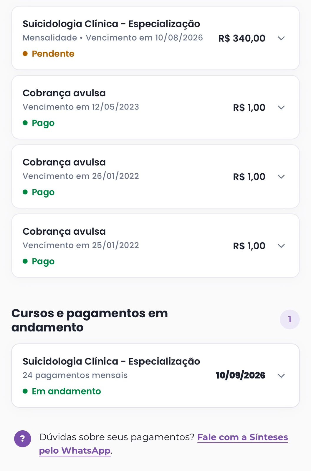 Cursos e pagamentos em andamento no Portal Financeiro