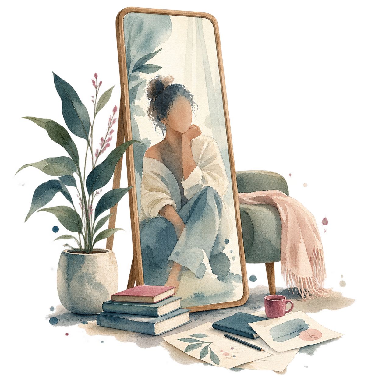 Ilustração em aquarela com pessoa diante de um espelho, livros e elementos de estudo