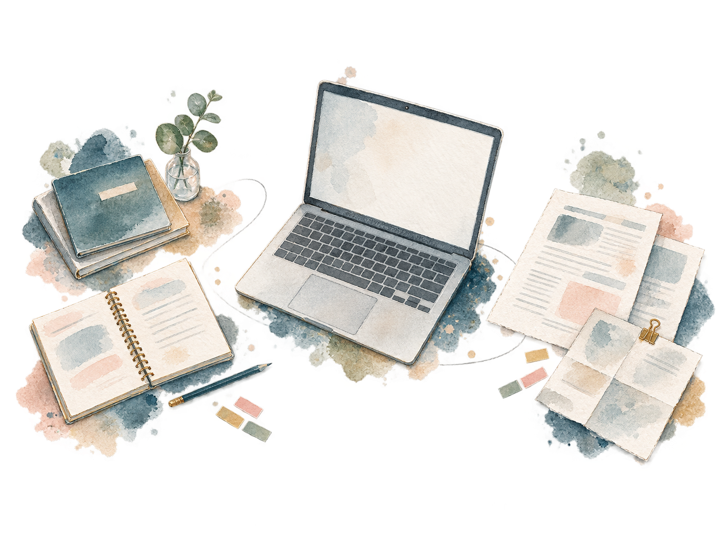 Notebook, caderno e materiais organizados para estudo