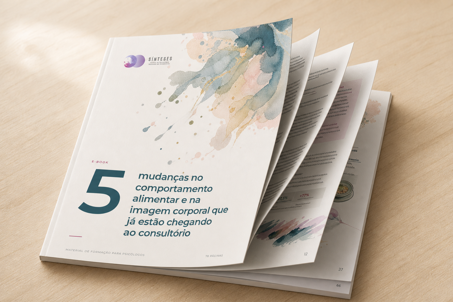 E-book de 78 páginas representado como um livro físico aberto sobre uma mesa, com páginas sendo viradas pelo vento