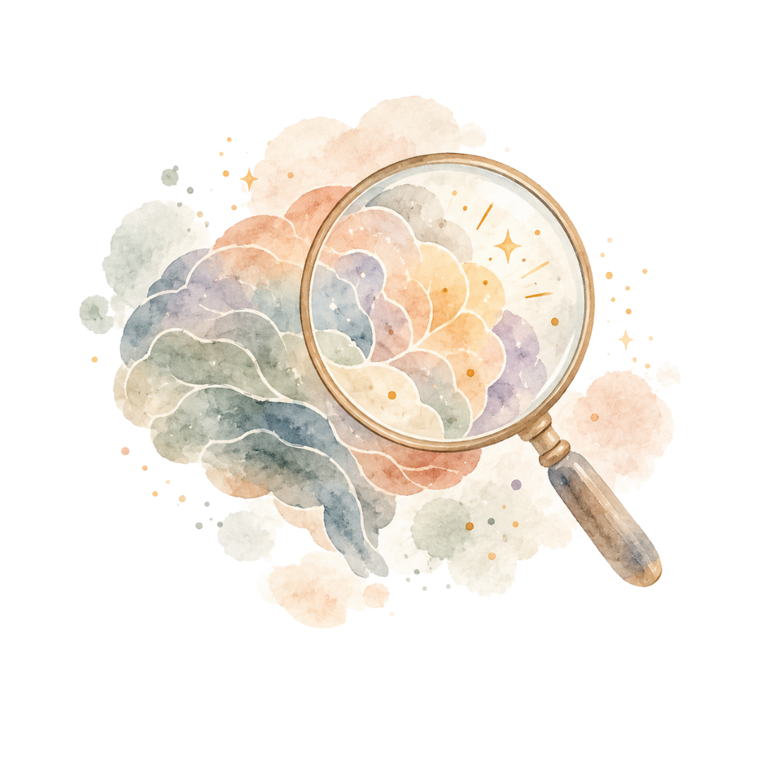 Ilustração em aquarela de um cérebro sob uma lupa